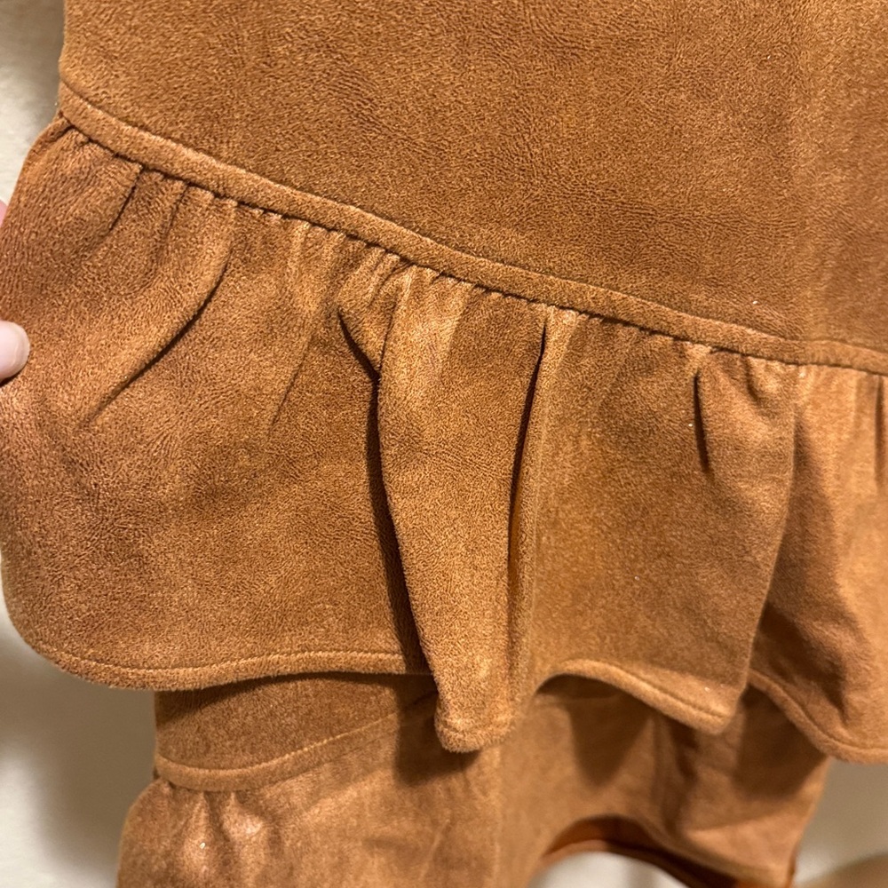 VOY sparkle camel ruffle ASYMETRICAL hem suede mini puff sleeve dress LARGE - Picture 10 of 11